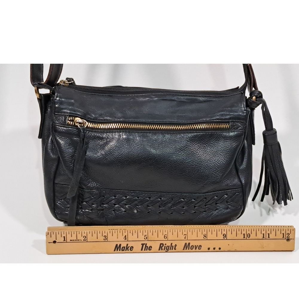 Great American Leather Works Black Leather Crossbody Bag Braided Tassel Purse - Picture 6 of 15